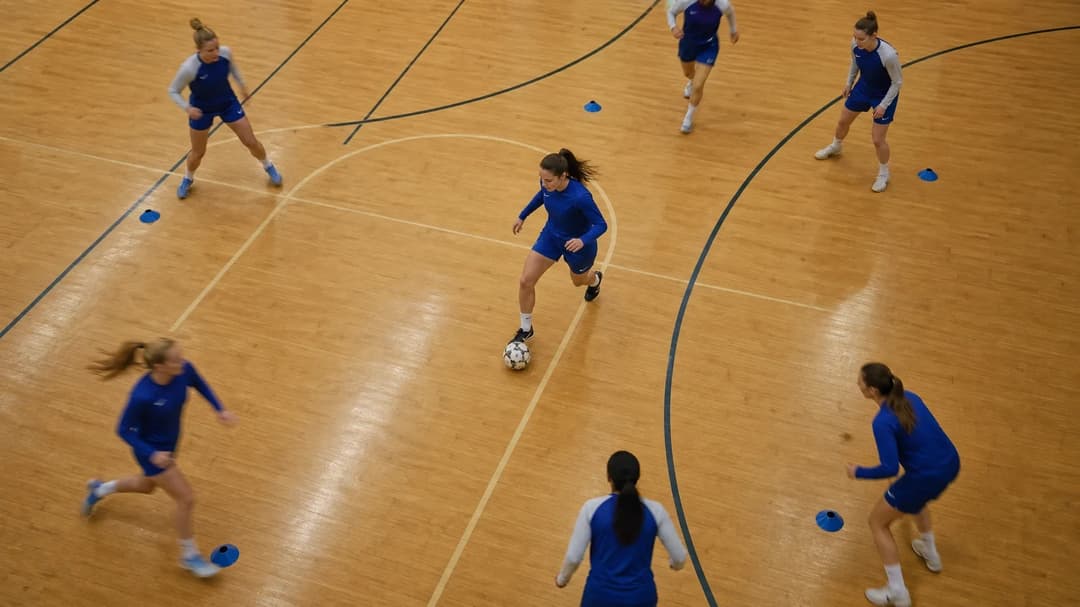 An overhead view of a young female footballer practicing dribbling in a training facility.