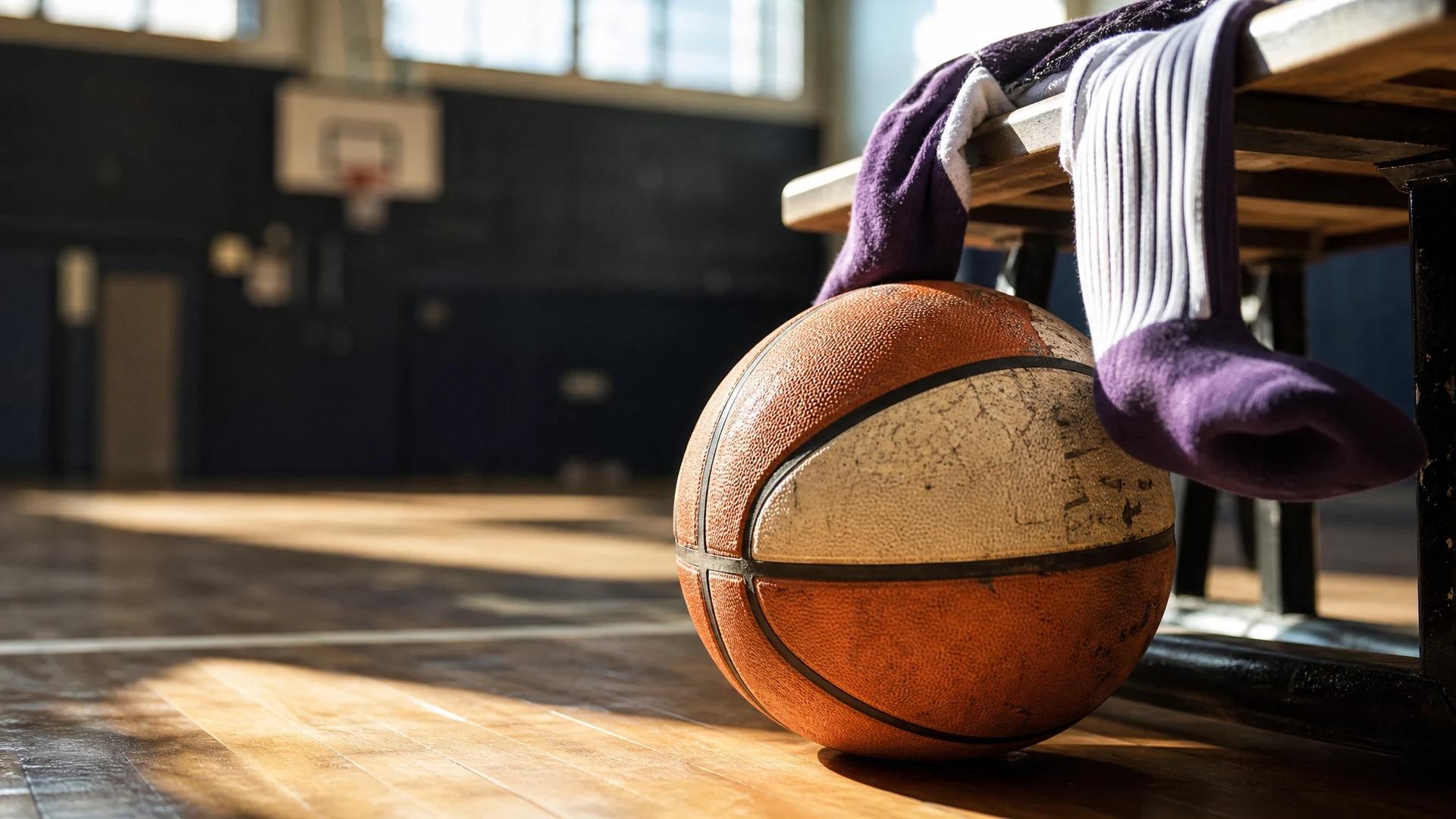 A close-up of a basketball on a gym floor with socks nearby, illuminated by sunlight.