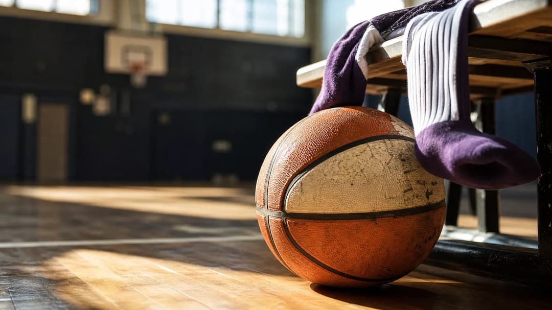 A close-up of a basketball on a gym floor with socks nearby, illuminated by sunlight.