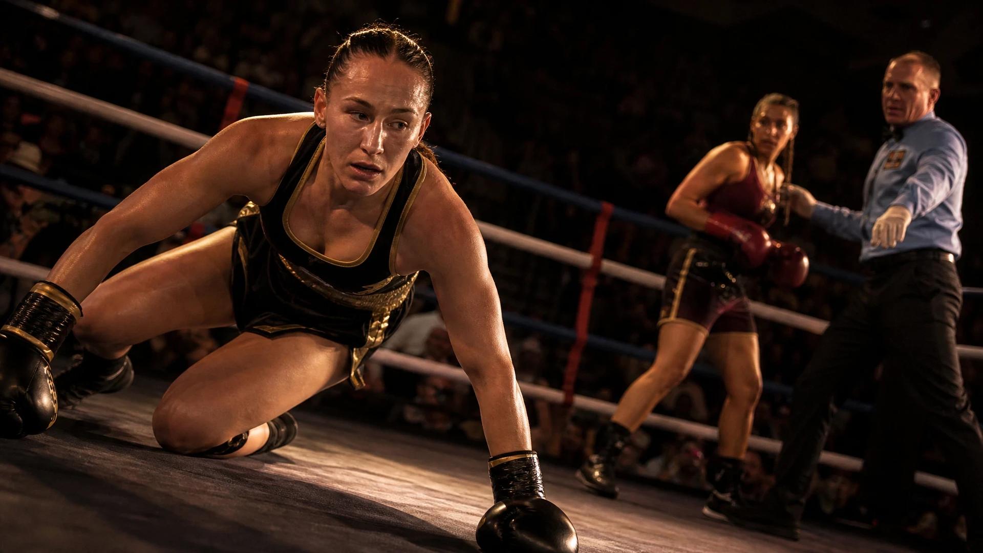 A boxer rising from the canvas in a dramatic moment after a knockdown.