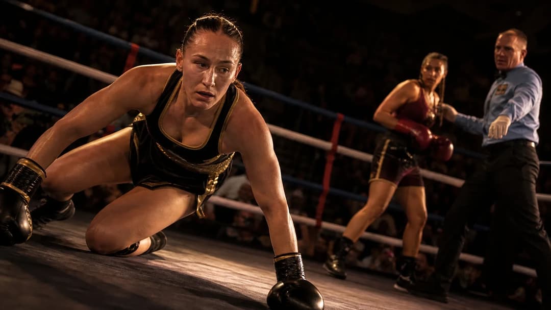 A boxer rising from the canvas in a dramatic moment after a knockdown.