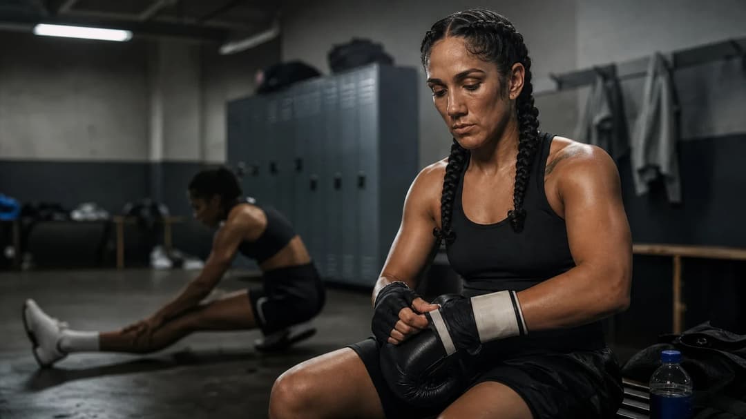 Female boxer Amanda Serrano preparing in a locker room, tying her boxing gloves.