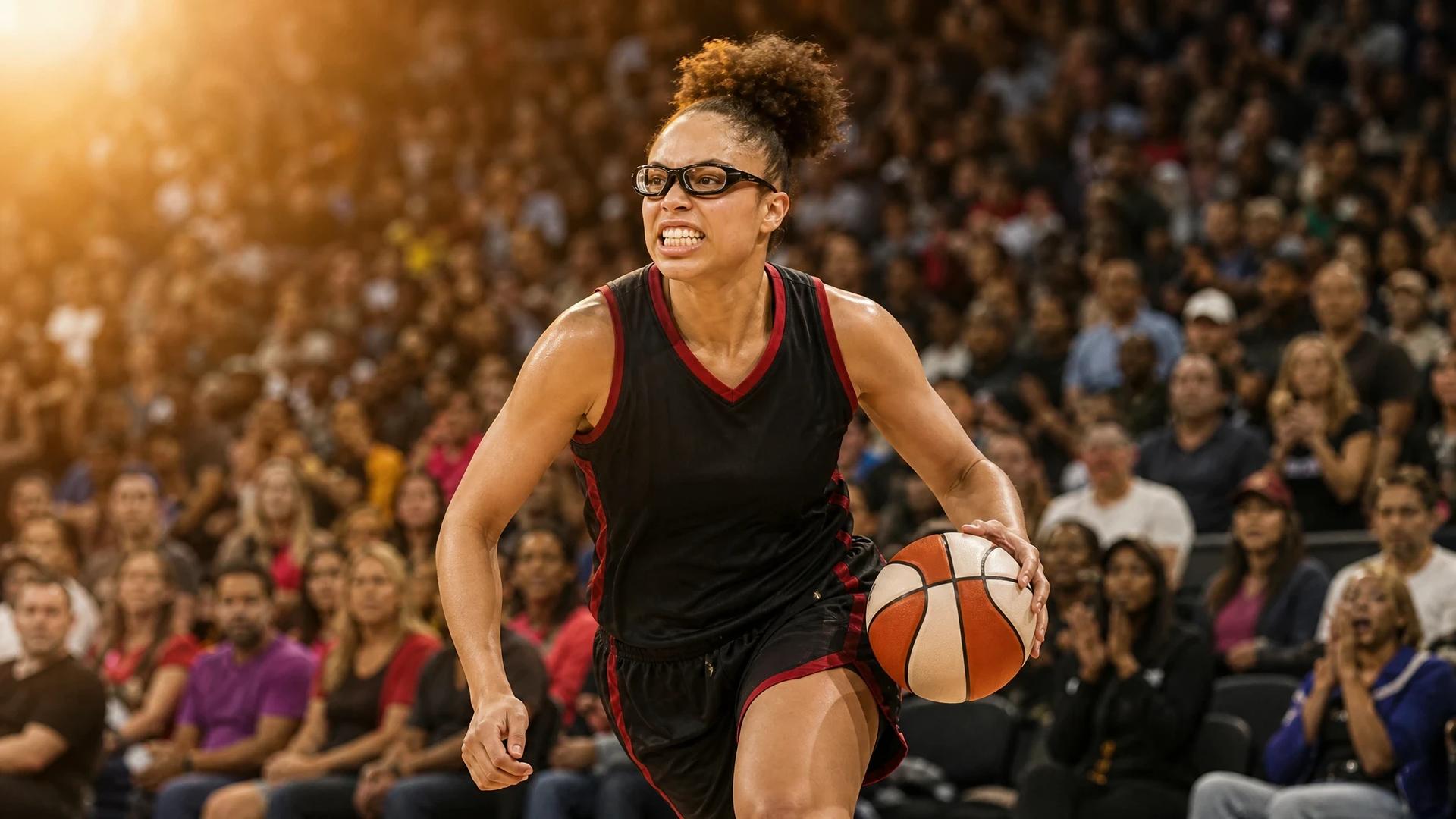 A female basketball player with dark hair dribbling a basketball in a crowded arena during the golden hour.