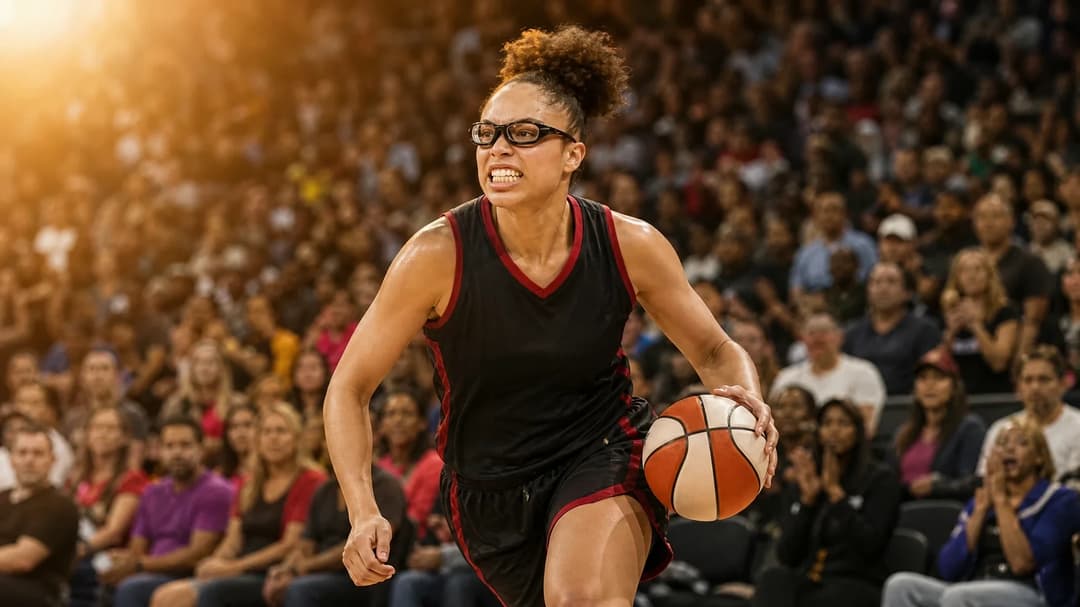 A female basketball player with dark hair dribbling a basketball in a crowded arena during the golden hour.