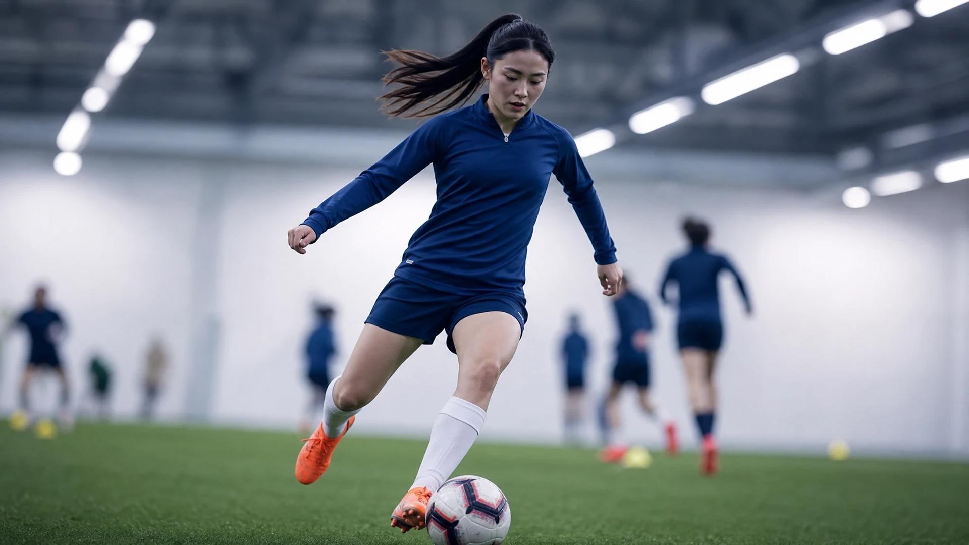 A focused Fūka Tsunoda dribbling a football in a training facility.