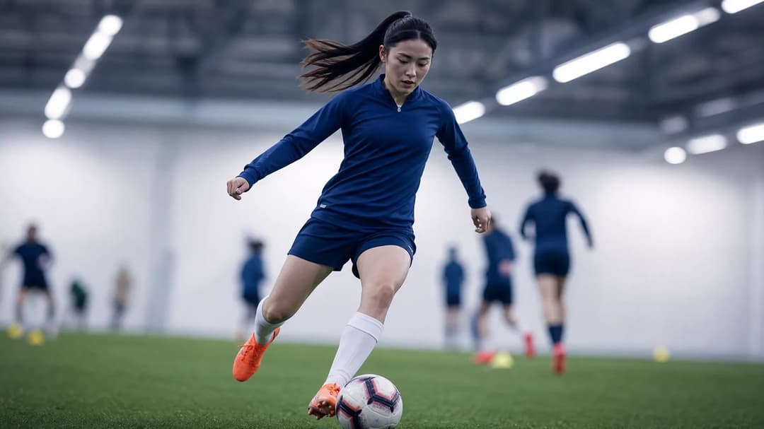 A focused Fūka Tsunoda dribbling a football in a training facility.