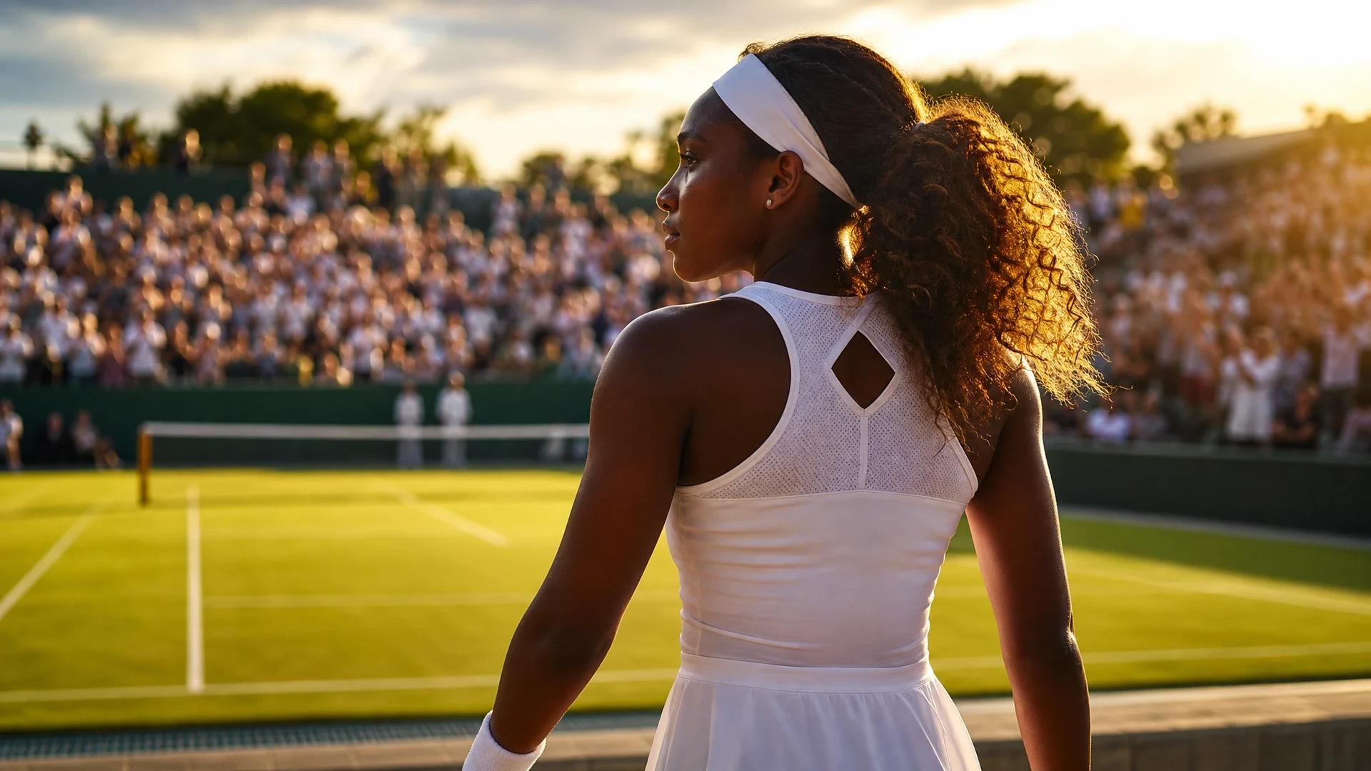 Coco Gauff walking towards a vibrant tennis court during golden hour, capturing her winning journey.