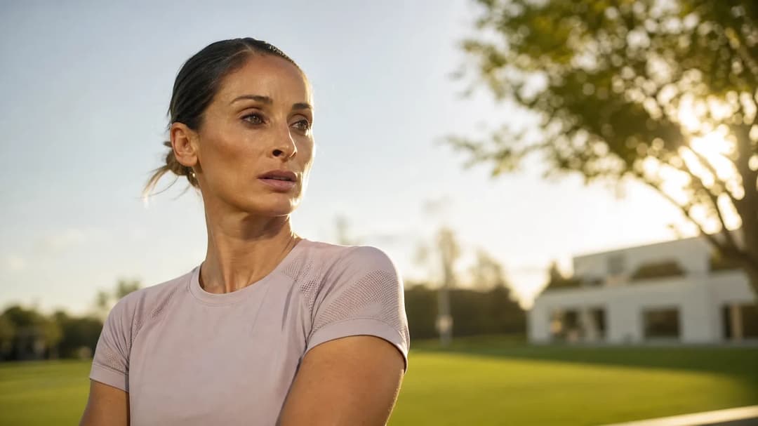 Esther González stands thoughtfully on a training pitch during golden hour light.