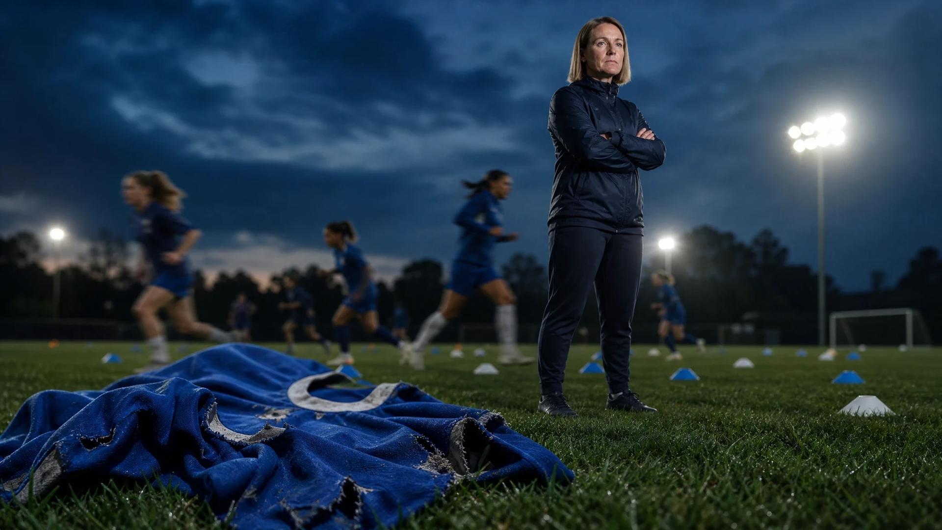 A determined Sonia Bompastor watches her team practice as a tattered Chelsea jersey lies in the foreground.