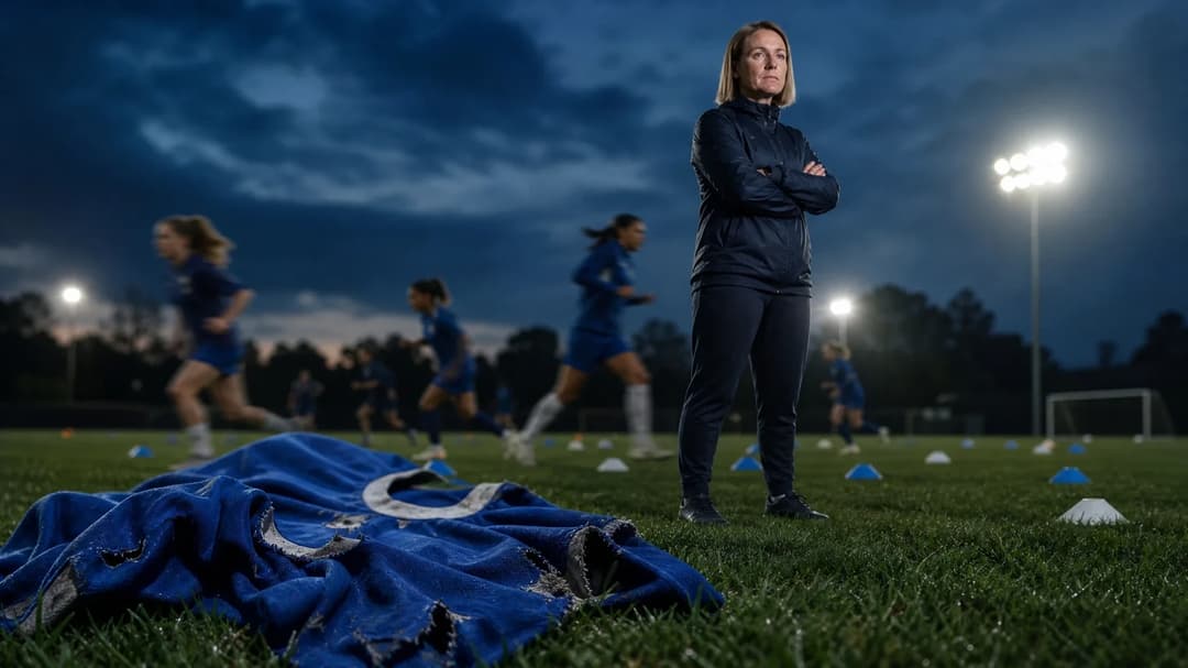 A determined Sonia Bompastor watches her team practice as a tattered Chelsea jersey lies in the foreground.