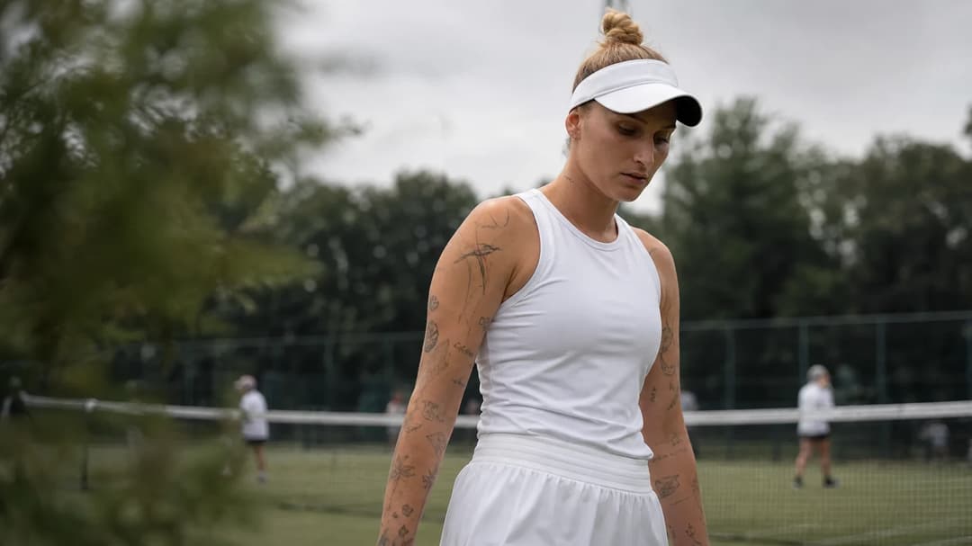 A contemplative Marketa Vondrousova walks on a tennis court, surrounded by supportive silhouettes.