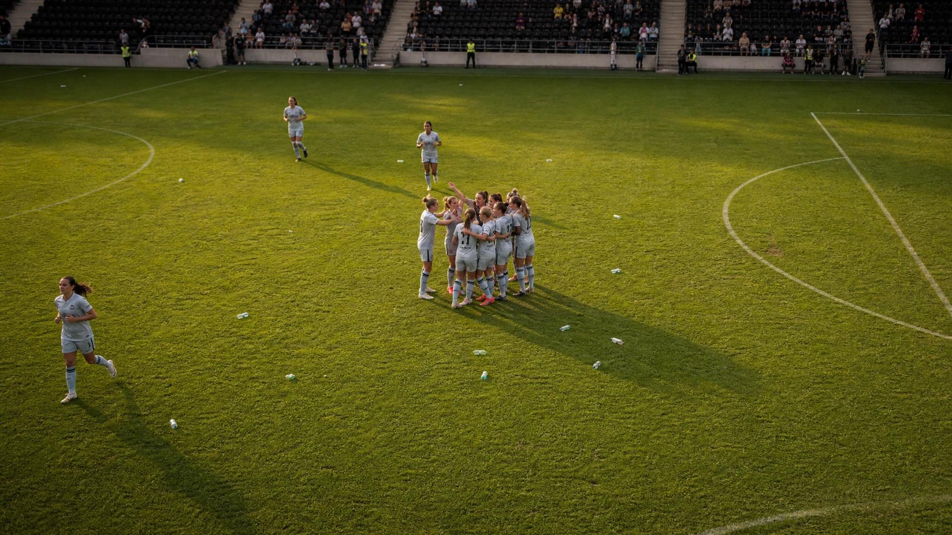 Bird's-eye view of a football pitch with players celebrating after a match.