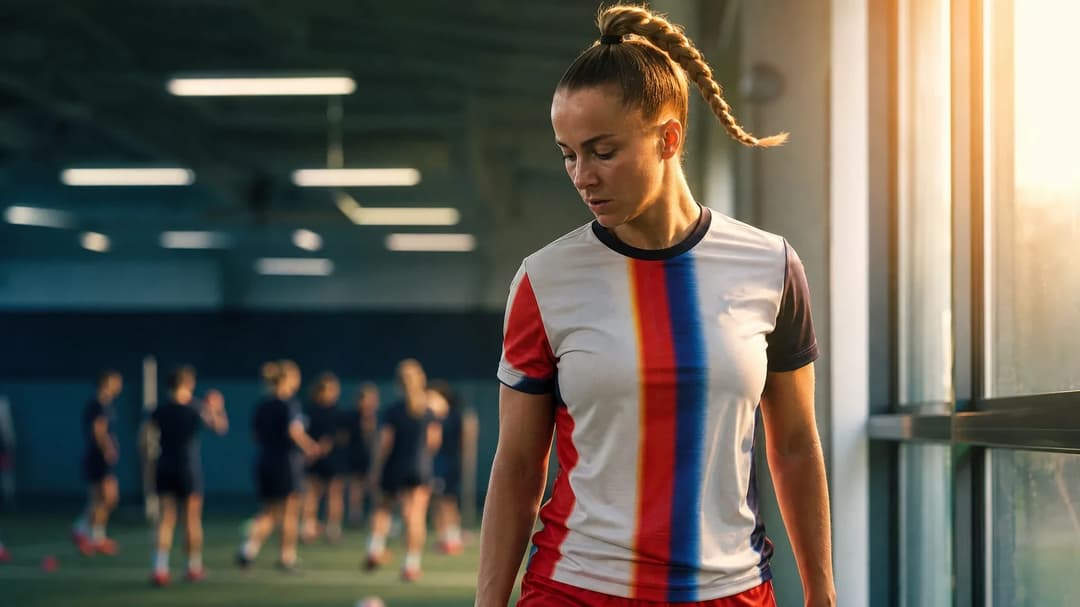 A female football player in training, standing in a training facility with bright lighting in the background.