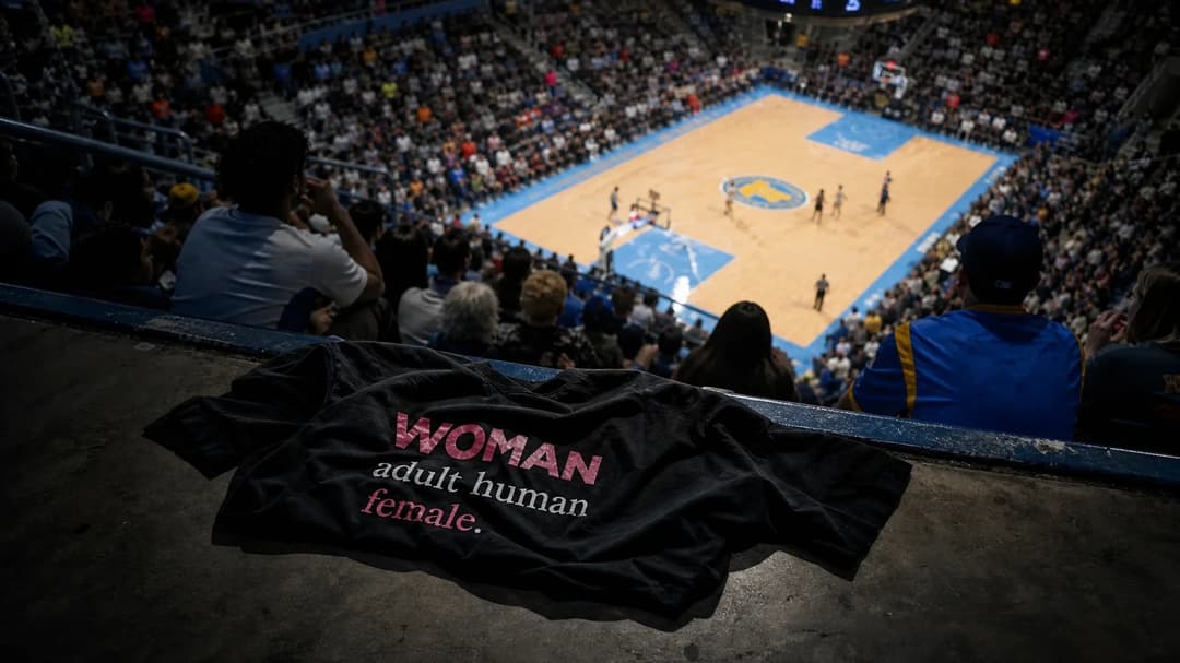 A bird's-eye view of Wintrust Arena showing a discarded T-shirt with a controversial slogan on the court.