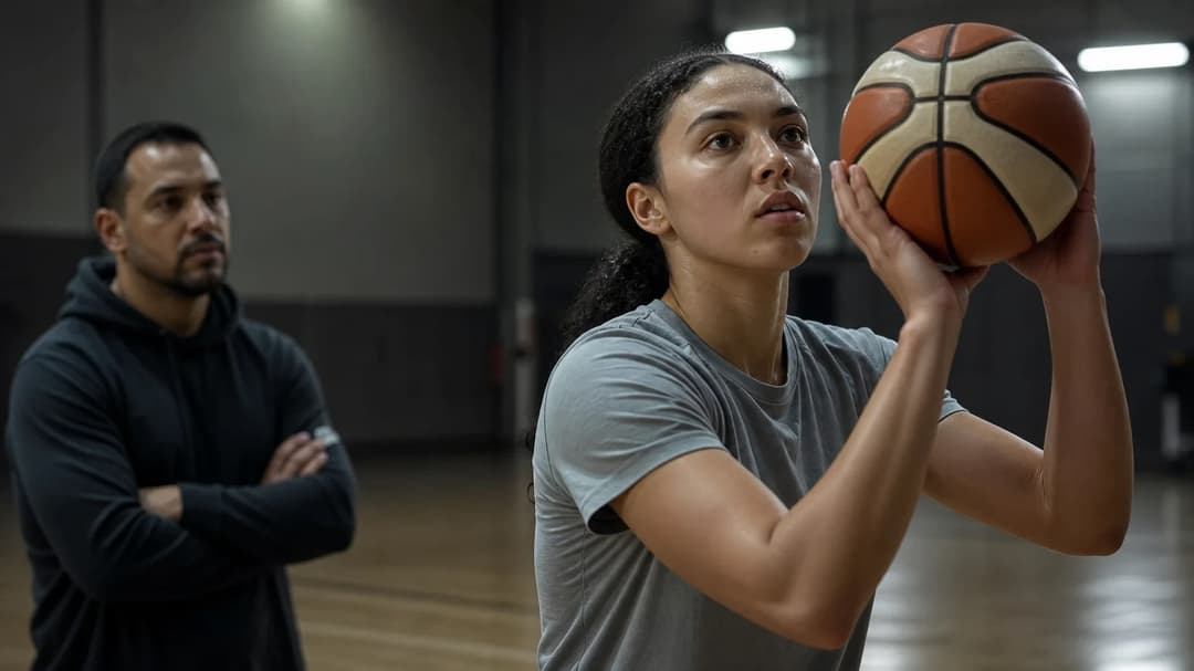 A female basketball player practicing her shot under fluorescent lights in a training facility.