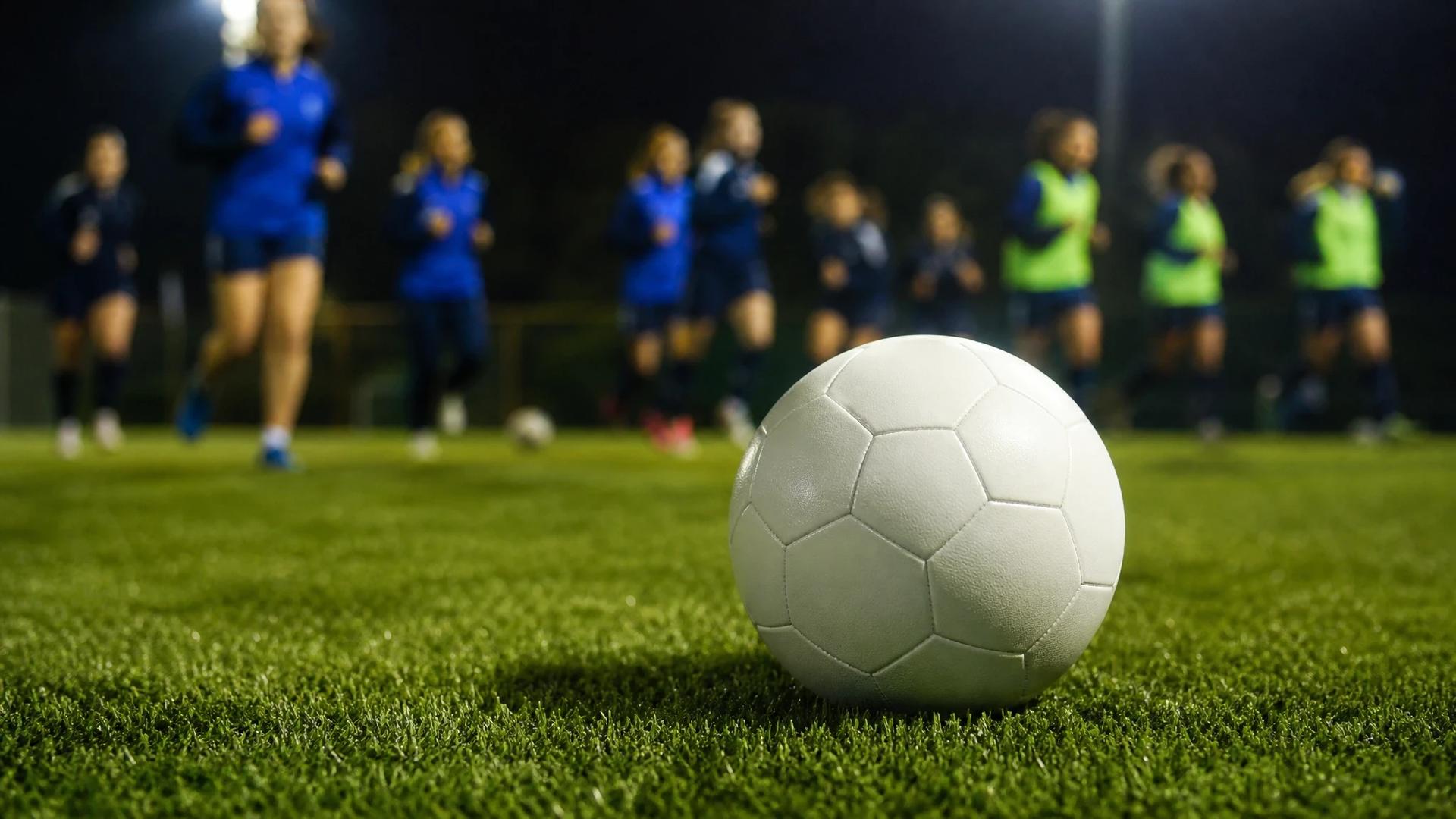 A pristine football sits on green grass, with blurred players training in the background.