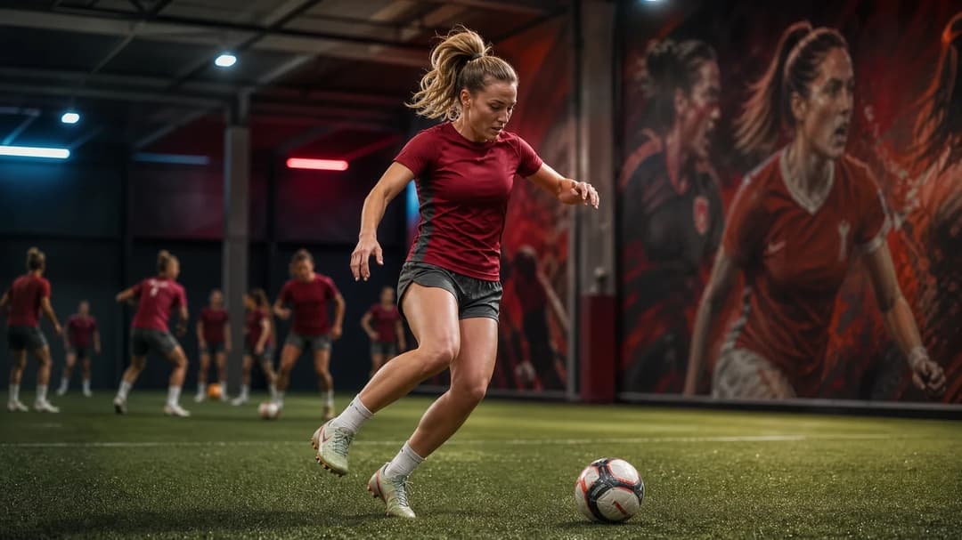A Hungarian footballer dribbling a ball in a training facility under neon lights.