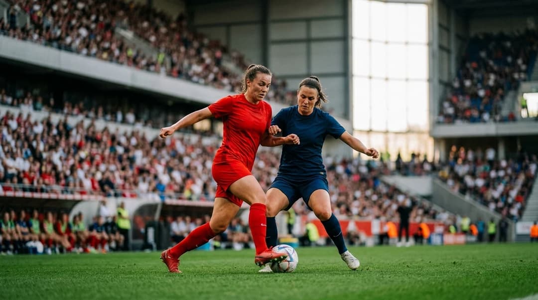 Two female football players competing for a ball during a match.