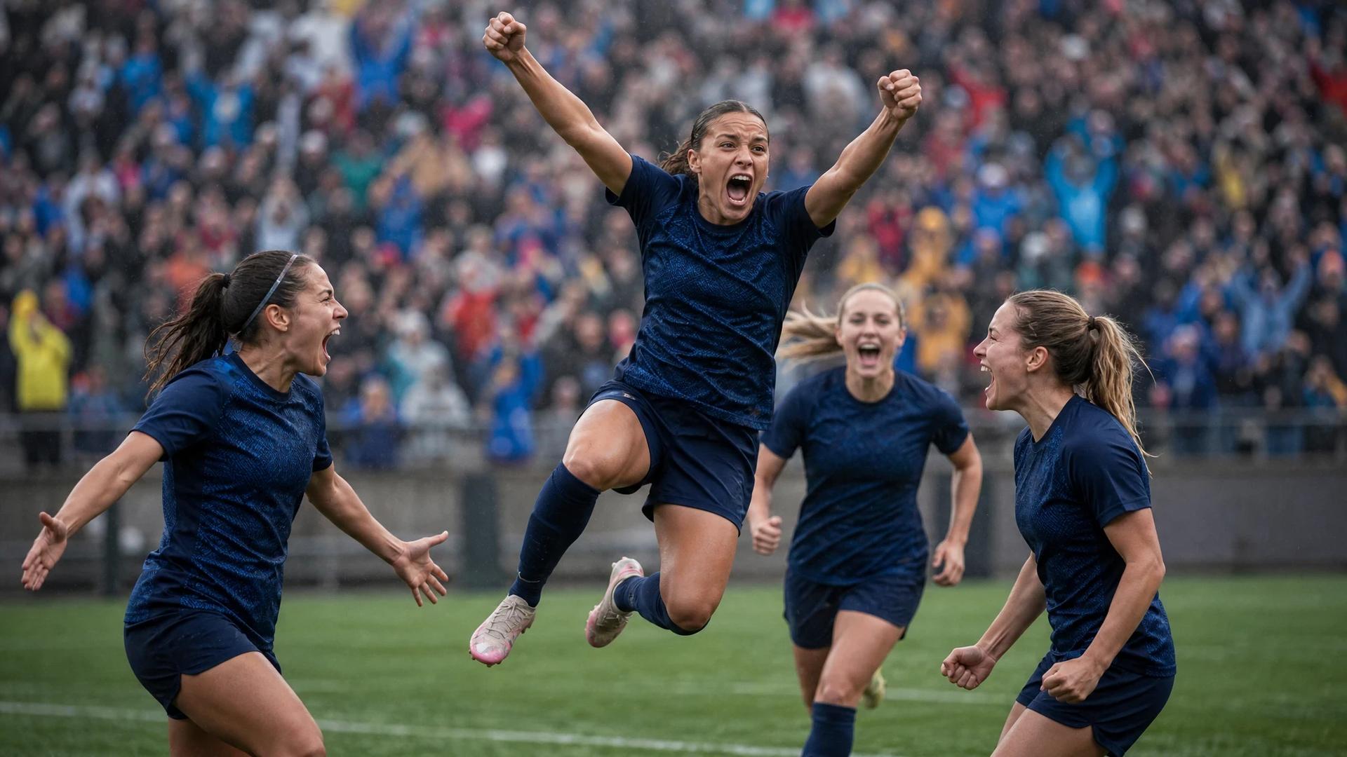 Mal Swanson celebrating after scoring a goal, surrounded by teammates in a football match.