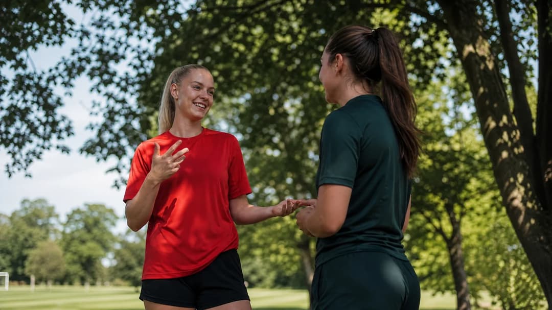 Tuva Espås chats animatedly with a teammate under the trees at Nottingham Forest's training facility.