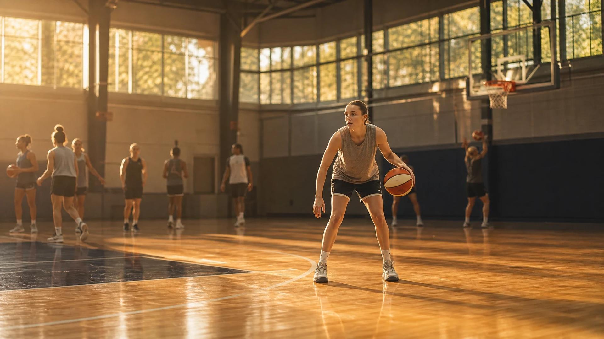 Paige Bueckers dribbles a basketball on the practice court during golden hour.