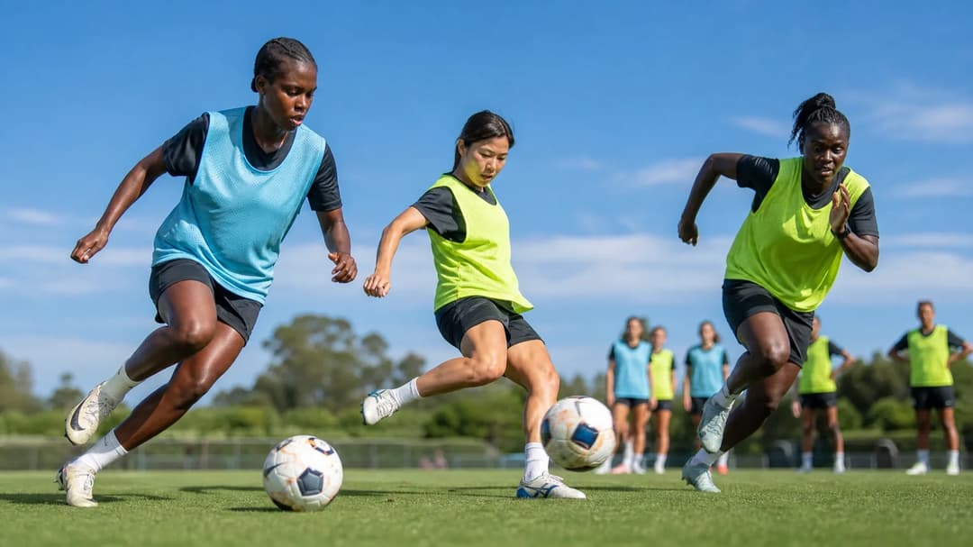 Three female football players training on the pitch under bright sunlight.