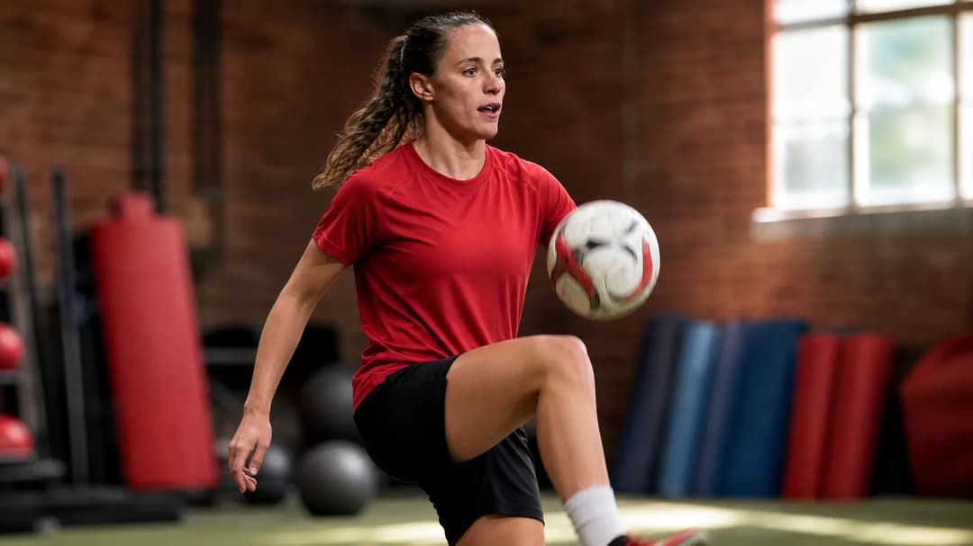 Ona Batlle practicing football indoors at Arsenal's training facility.