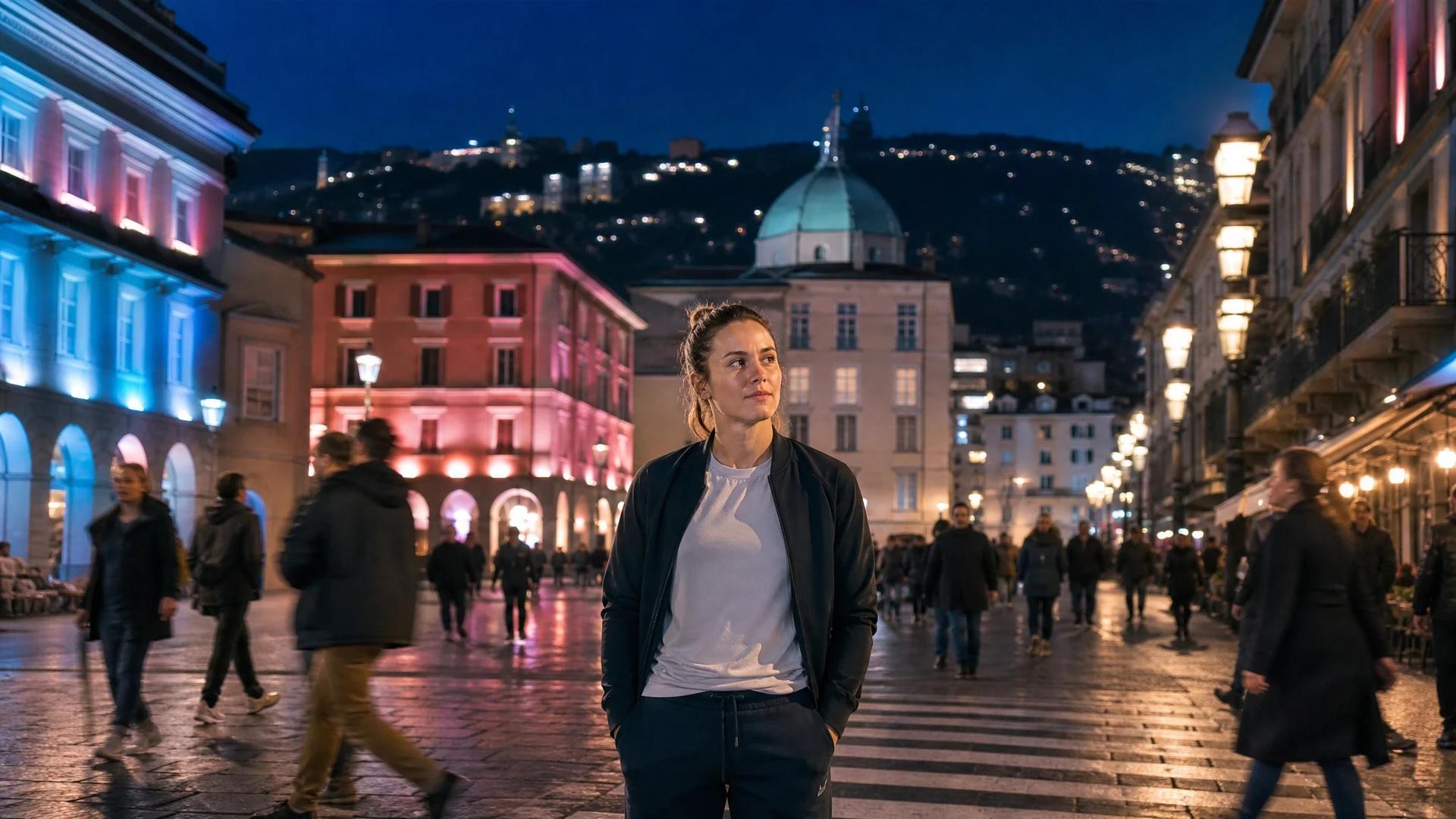 A female sports figure stands in a city intersection at night, gazing pensively towards the horizon amidst vibrant neon lights.
