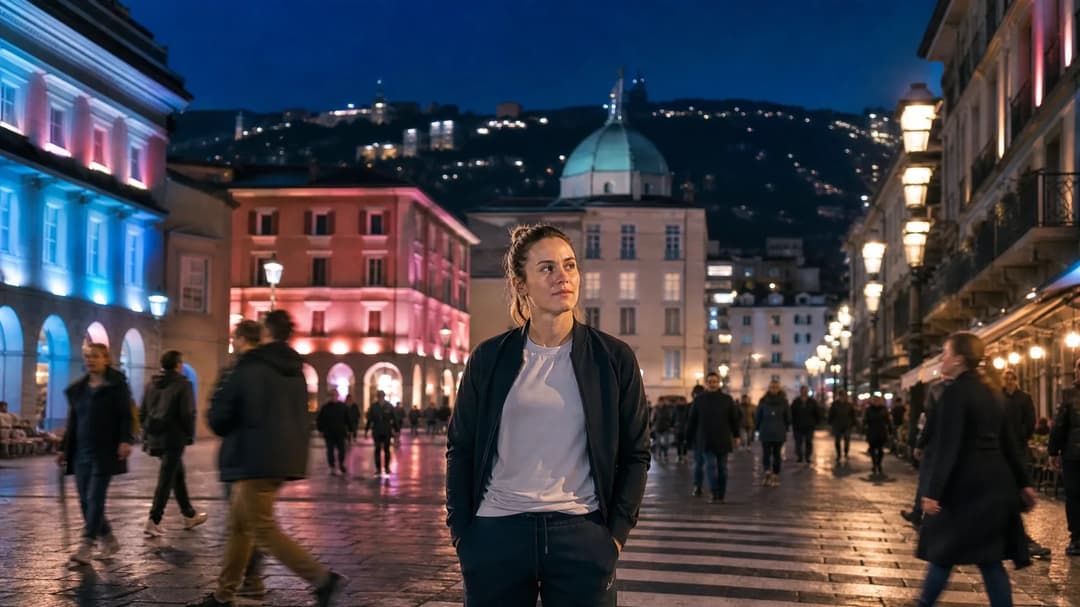 A female sports figure stands in a city intersection at night, gazing pensively towards the horizon amidst vibrant neon lights.