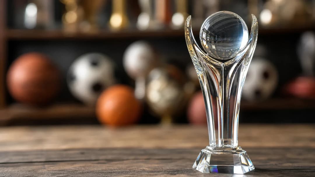 A close-up of a reflective trophy on a wooden table, symbolizing achievement in sports.