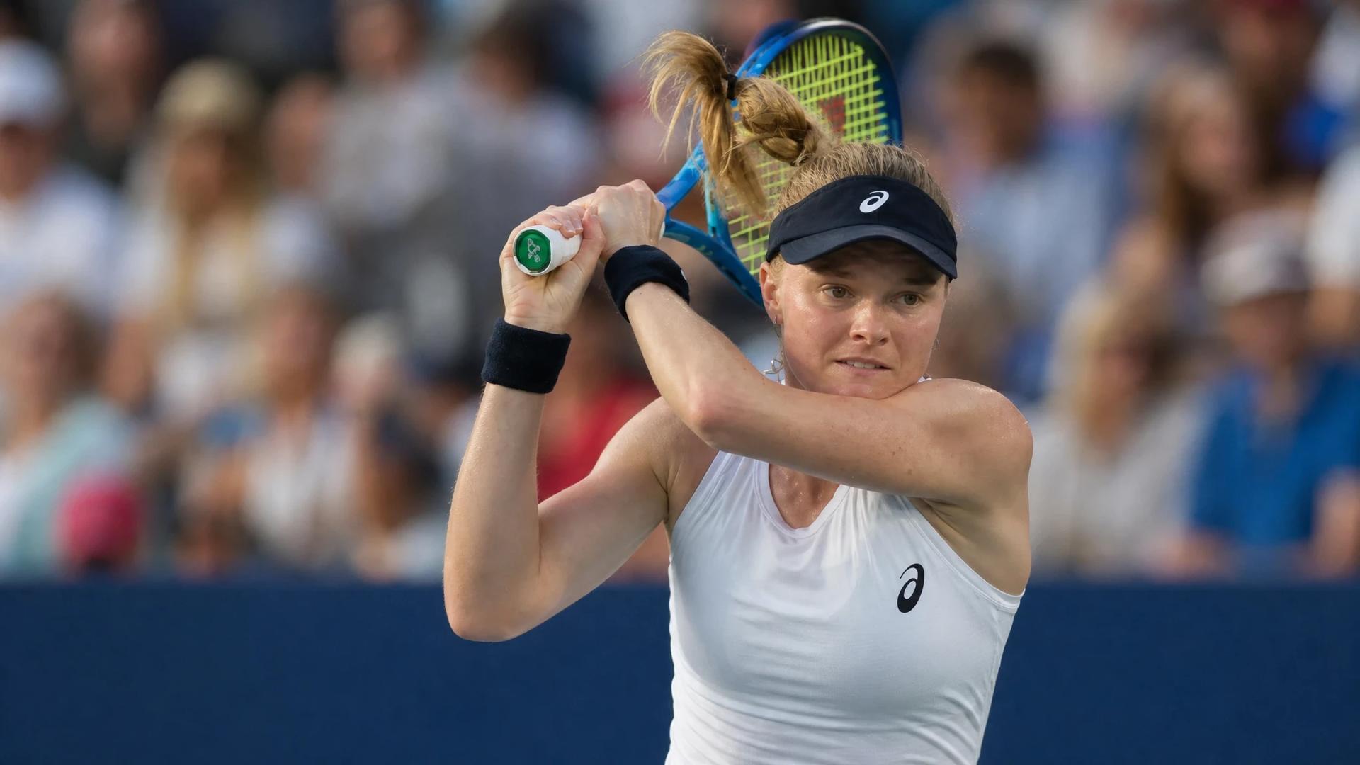 Tamara Zidansek poised to serve on the tennis court during US Open qualifying.