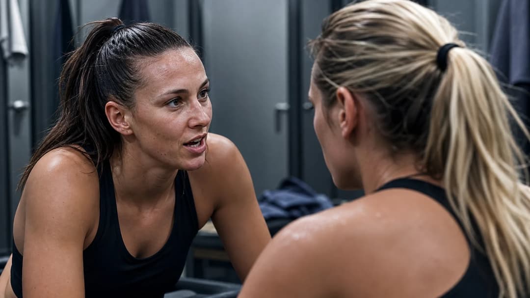 Ashleigh Neville and Emily van Egmond engaged in an intense discussion in the locker room.