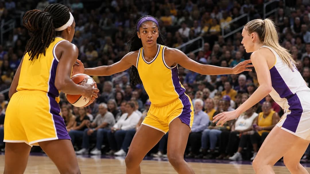 Angel Reese stands at the edge of a basketball court, preparing for play, surrounded by teammates and opponents in vibrant uniforms.