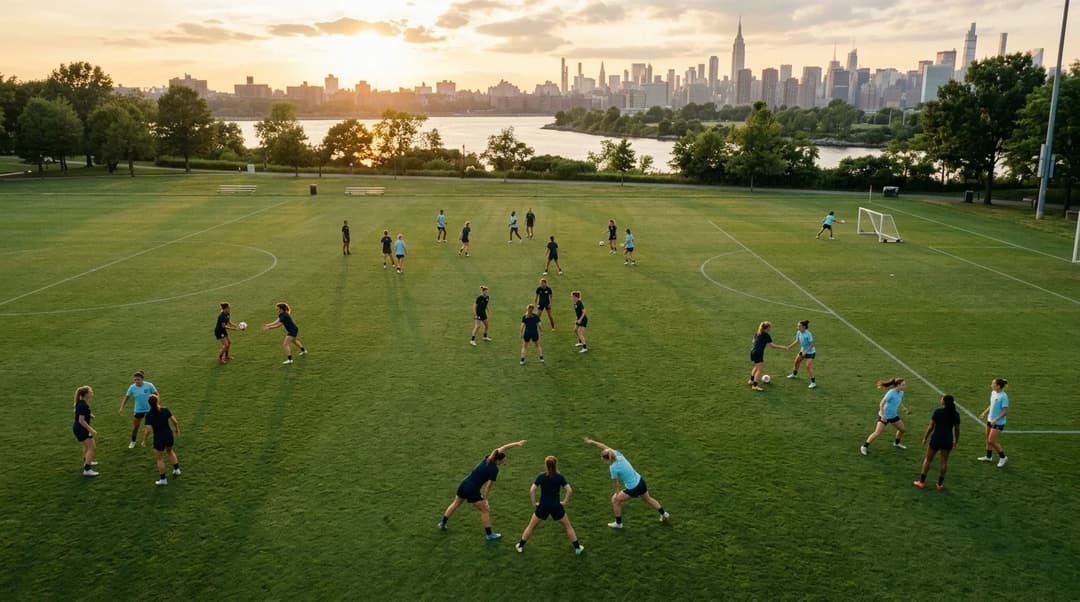 Aerial view of NJ/NY Gotham FC players training on a green pitch during golden hour.