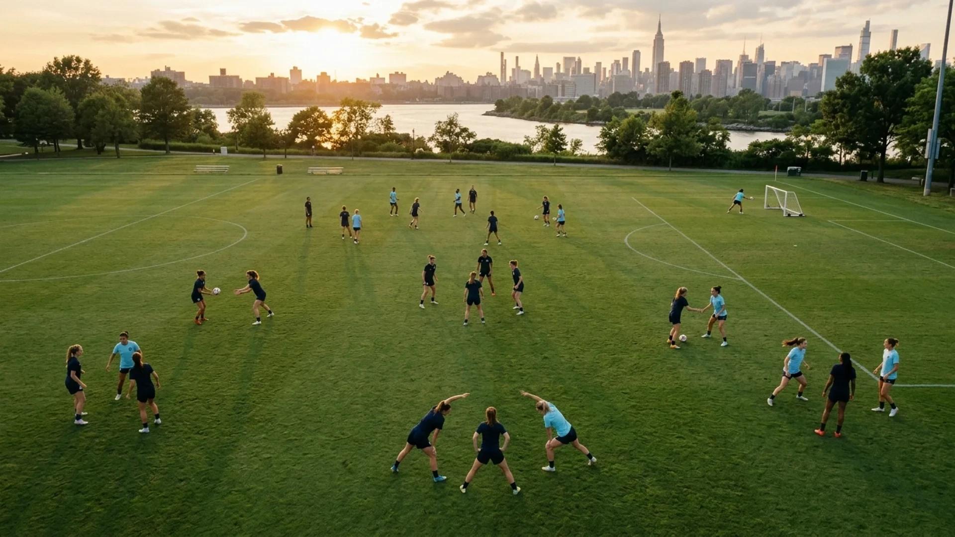 Aerial view of NJ/NY Gotham FC players training on a green pitch during golden hour.