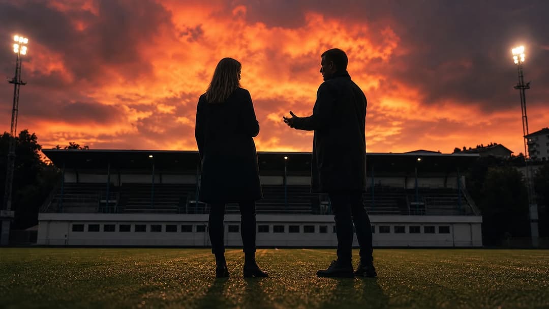 Silhouetted figures of two football commentators at dusk in an empty stadium.