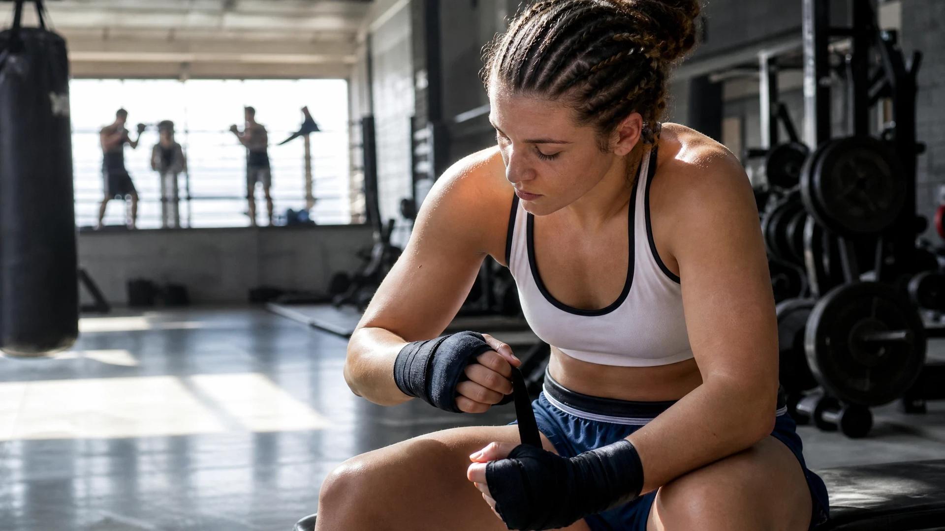 MMA fighter Ashley Nichols preparing for a training session in a gym, sunlight streaming through windows.