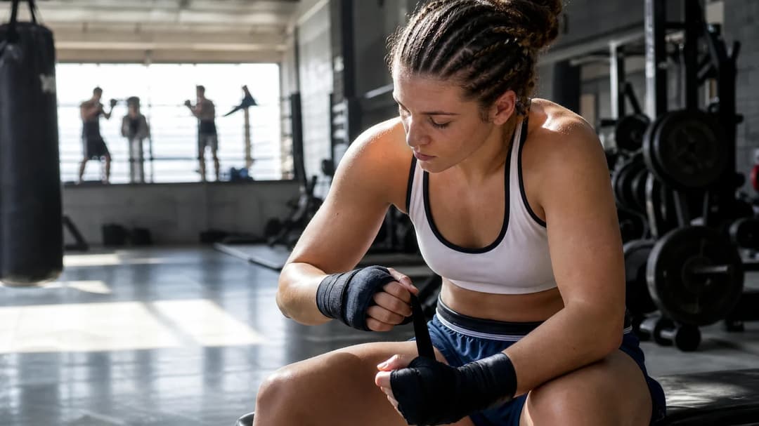 MMA fighter Ashley Nichols preparing for a training session in a gym, sunlight streaming through windows.