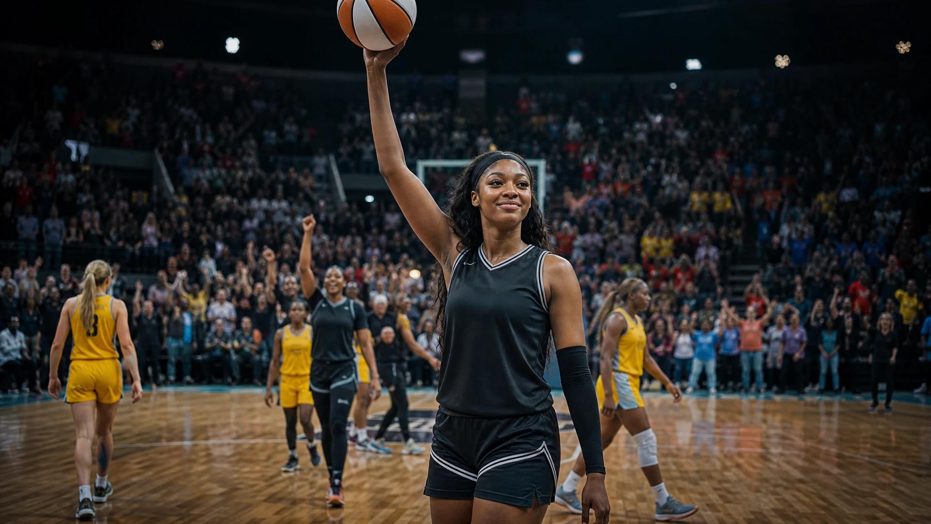 Angel Reese celebrating a victory in a basketball arena.