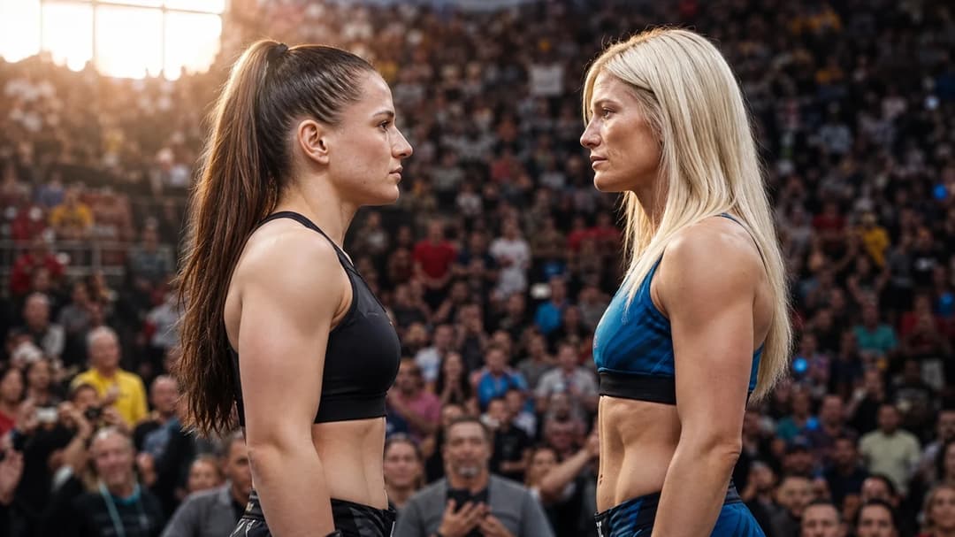 Erin Blanchfield and Manon Fiorot are facing each other in an arena filled with spectators.