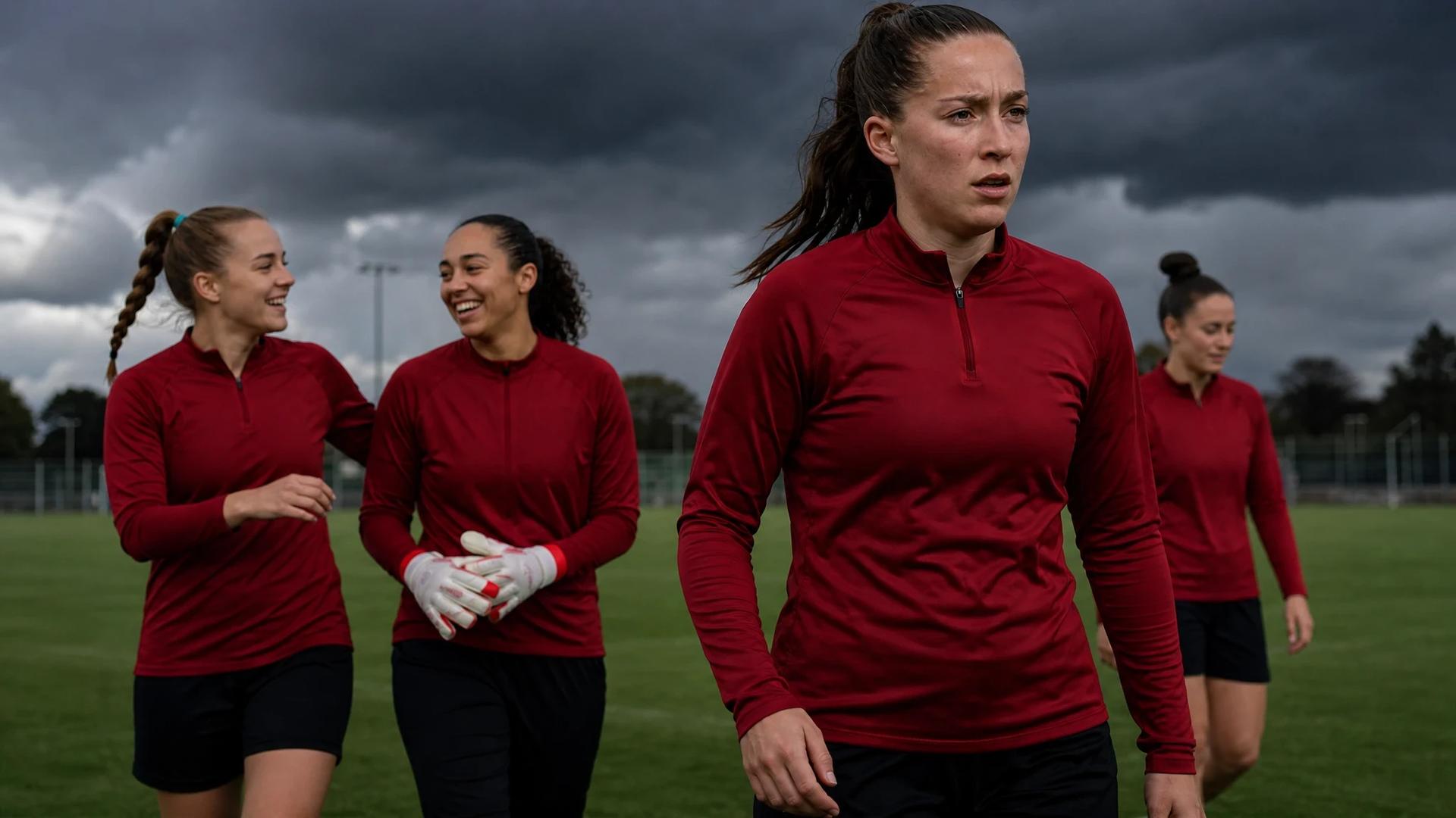 A candid photograph of Manchester United Women's football team transitioning from practice under dramatic stormy weather.
