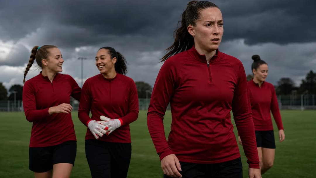A candid photograph of Manchester United Women's football team transitioning from practice under dramatic stormy weather.
