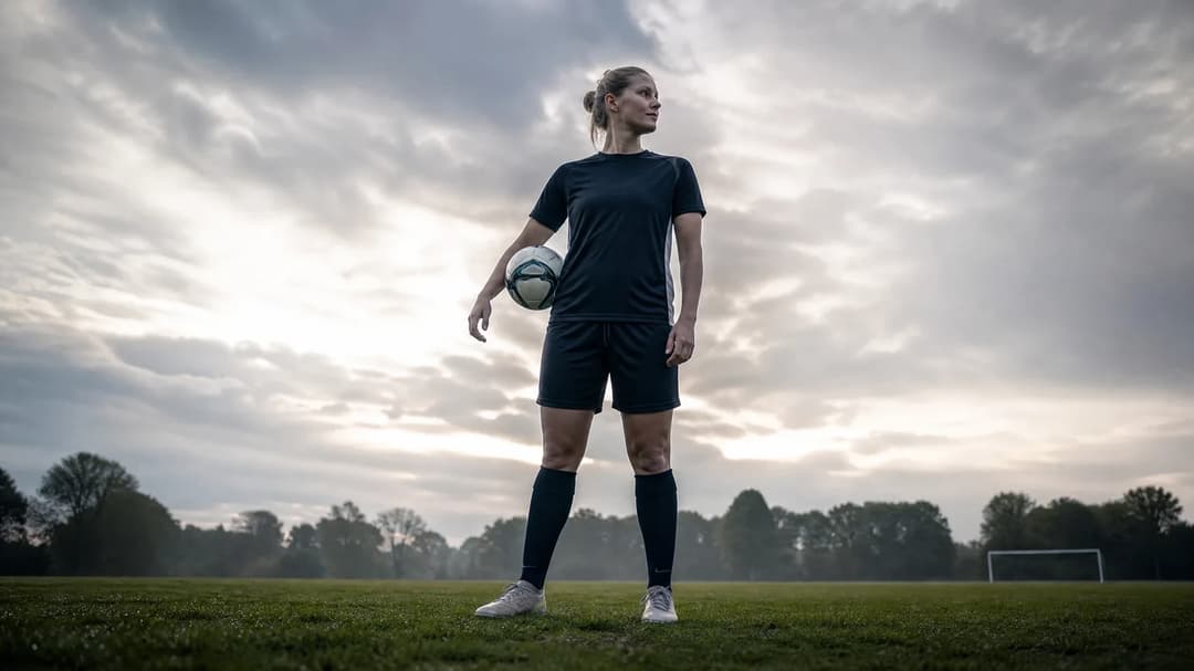A silhouette of Emma Brown stands poised on the pitch against a softly diffused backdrop.