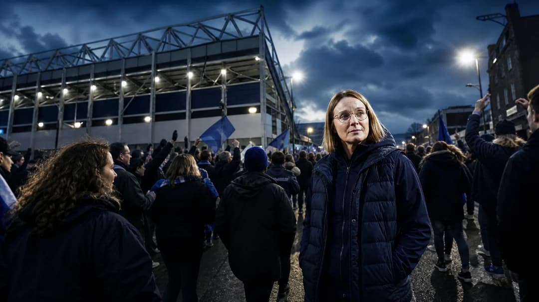 A diverse crowd cheering outside The Cherry Red Records Stadium with Sonia Bompastor in the foreground.