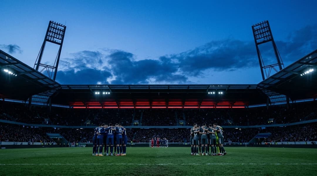 A wide shot of players from SC Freiburg and Union Berlin in a huddle at dusk, with a blue-toned stadium in the background.