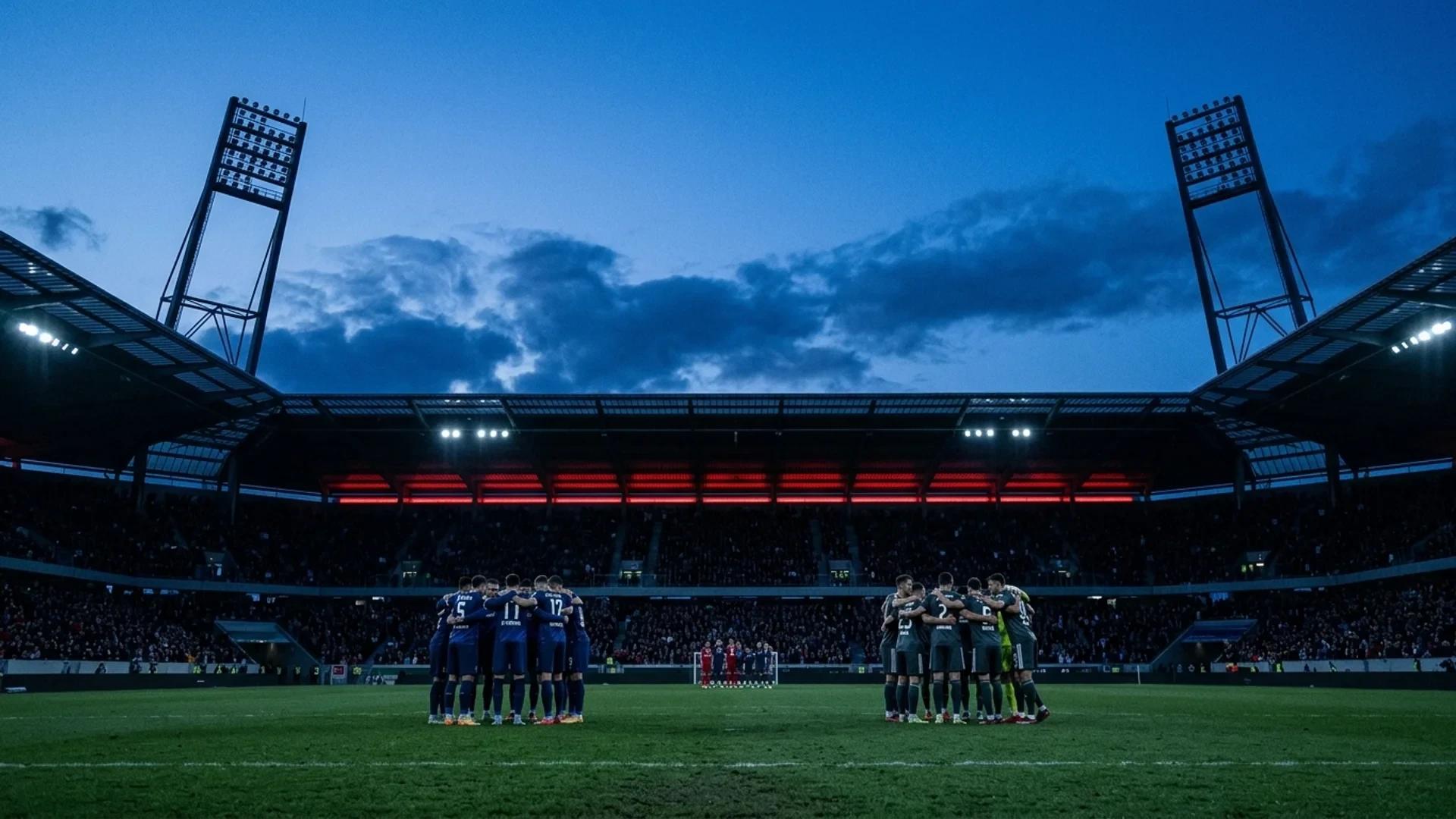 A wide shot of players from SC Freiburg and Union Berlin in a huddle at dusk, with a blue-toned stadium in the background.