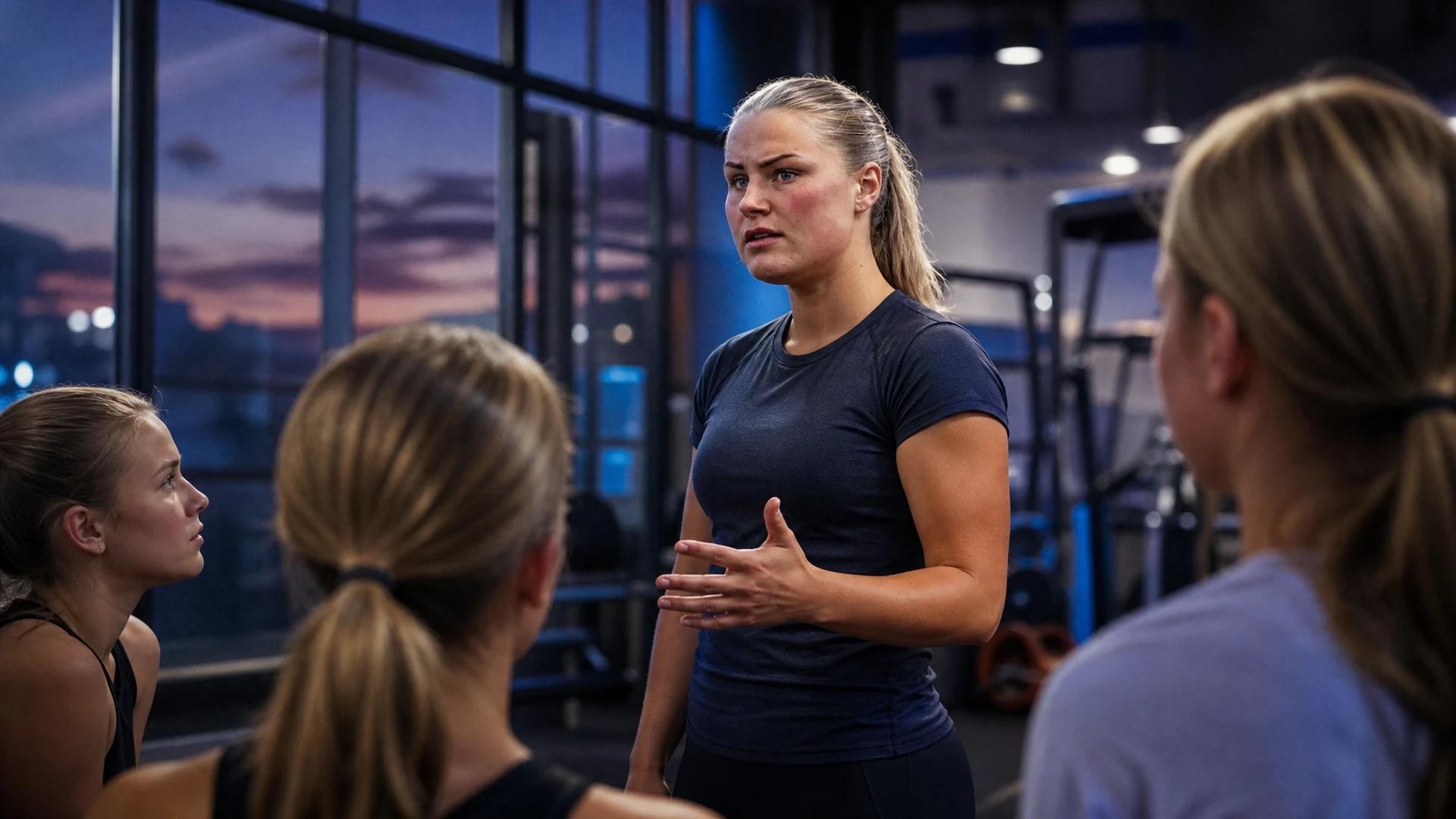 Johanna Svedberg engages with young athletes in a gym at dusk.