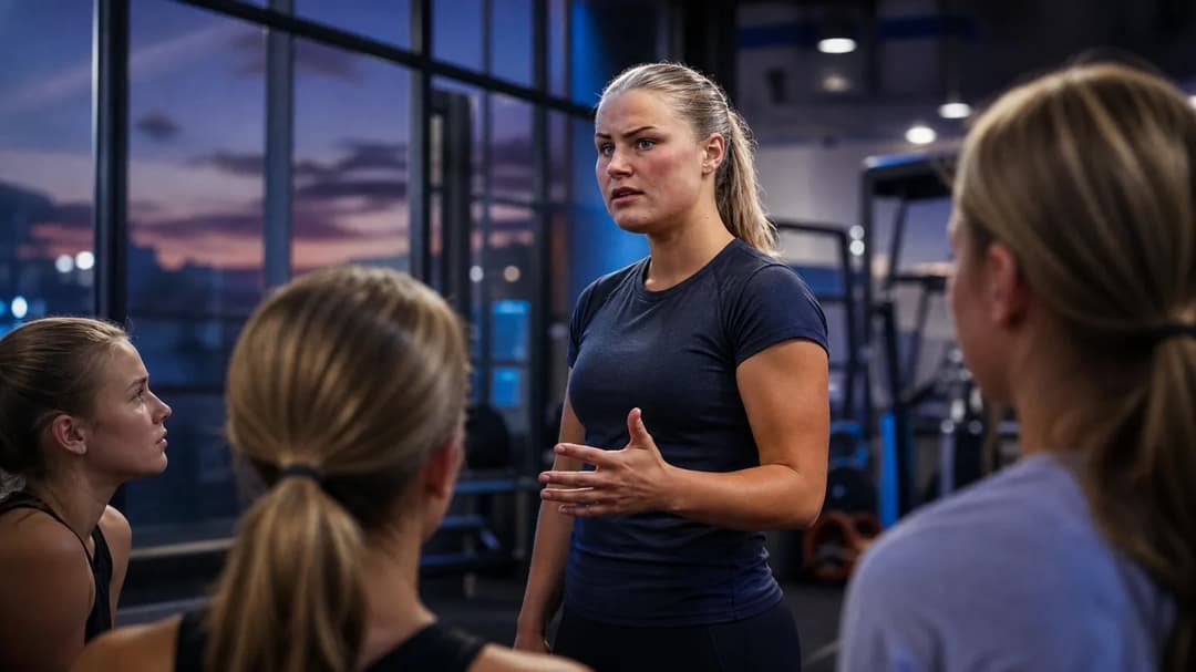 Johanna Svedberg engages with young athletes in a gym at dusk.