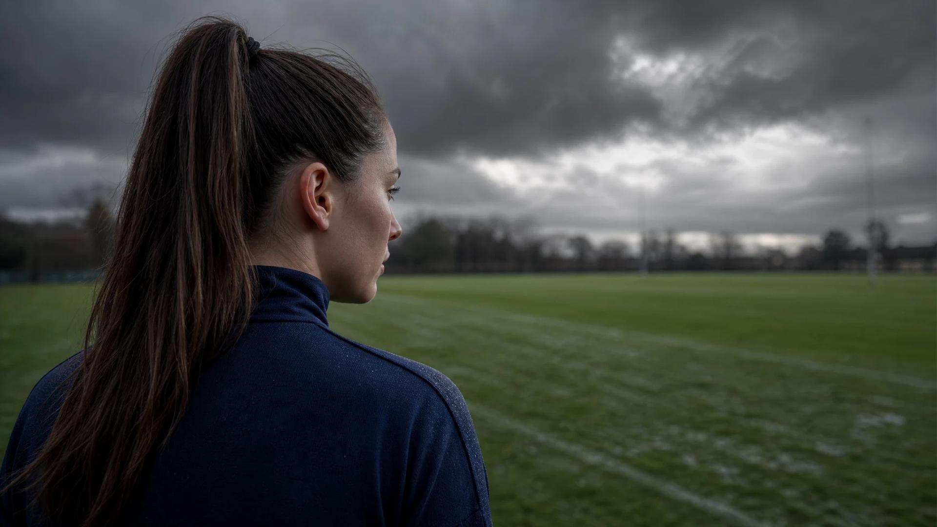 Hannah Buckley stands pensively outside the training ground under stormy skies.