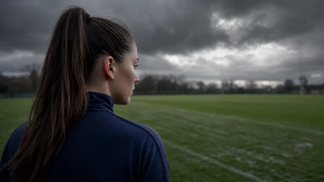 Hannah Buckley stands pensively outside the training ground under stormy skies.